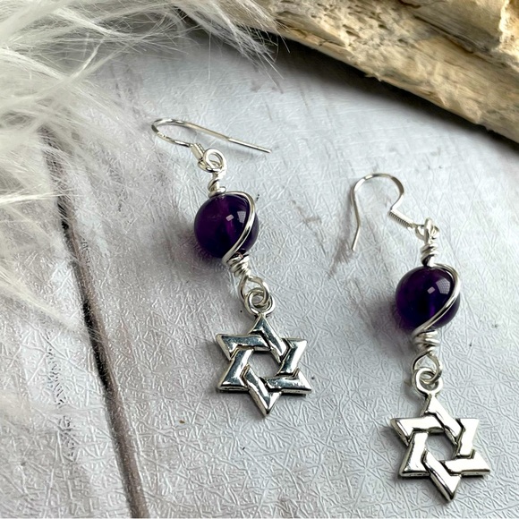 Artisan Designed Amethyst Crystals And Star Of David Silver Pl Charm Ear… - Picture 1 of 15